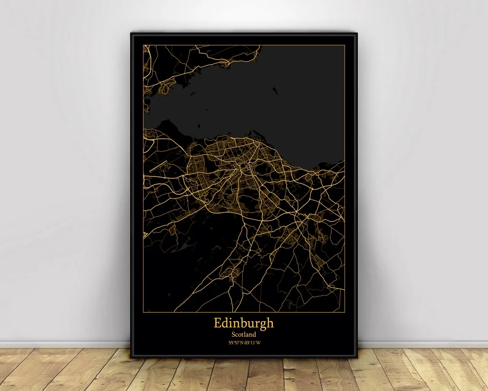 

Edinburgh Scotland Black&Gold City Light Maps Custom World City Map Posters Canvas Prints Nordic Style Wall Art Home Decor