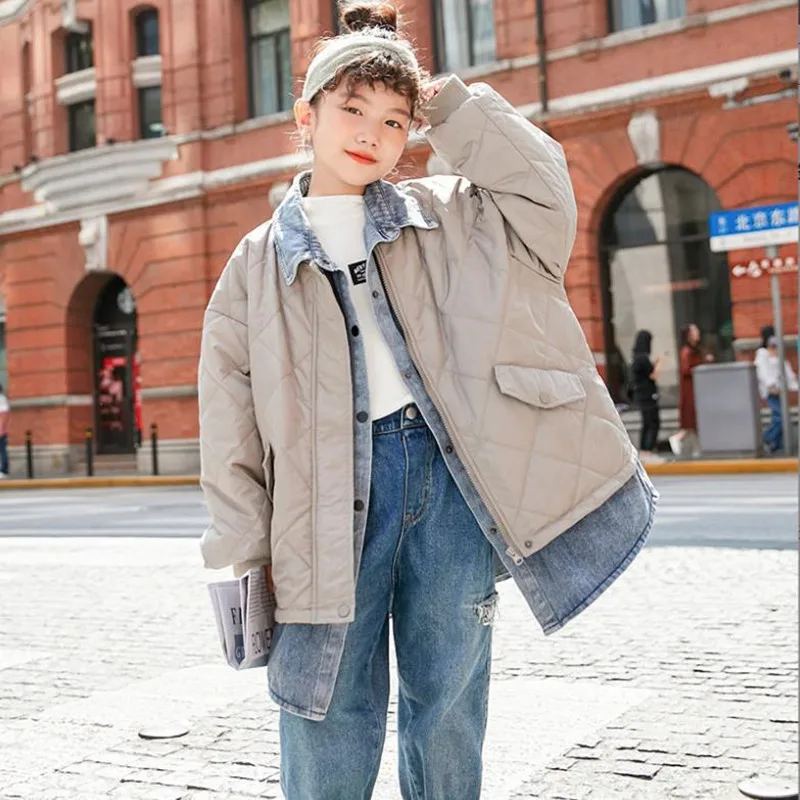 

Brand Children Denim Patchwork Cotton Coat Winter New Thicker Long Parka Baby Girl Warm Outfit Teenage Clothes Long Jacket Wz500