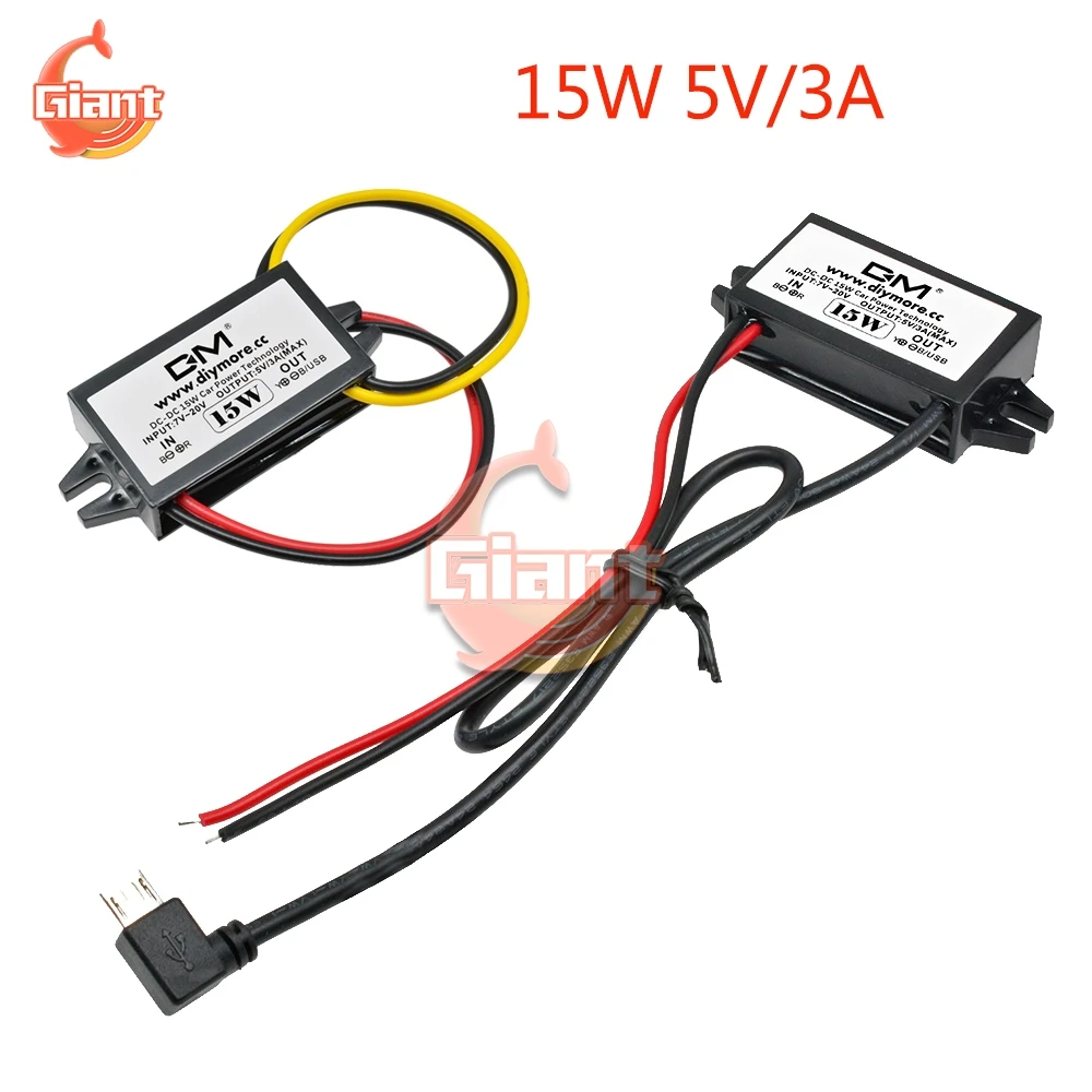 15W 5V/3A Car Power Supply DC-DC Converter Adapter 12V to 5V Step Down Power Module Micro USB / Line Output Waterproof For Car