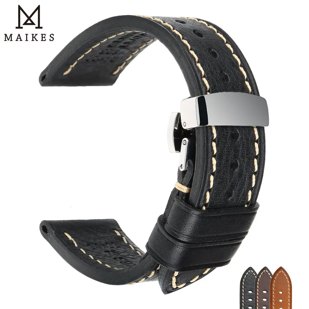 MAIKES Handmade Watch Band Genuine Cow Leather Watch Strap 22mm With Butterfly Buckle Bracelet For MONTBLANC TISSOT Watchbands