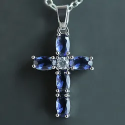 Huitan  Cross Shaped Pendant Necklace Birthday Gift High Quality Ladies Jewelry Prong Setting  Blue CZ Fashion Accessary