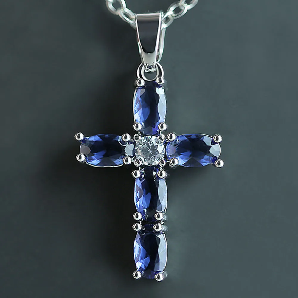 Huitan  Cross Shaped Pendant Necklace Birthday Gift High Quality Ladies Jewelry Prong Setting  Blue CZ Fashion Accessary