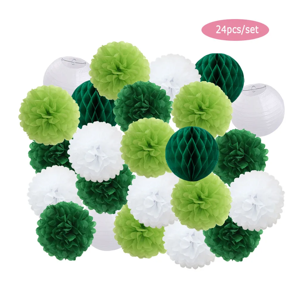 24pcs/Set Baby Shower Party Favor Hanging Paper Pompom Kids Boy Girl Birthday Dark Blue Wedding Events Decoration White Lanterns