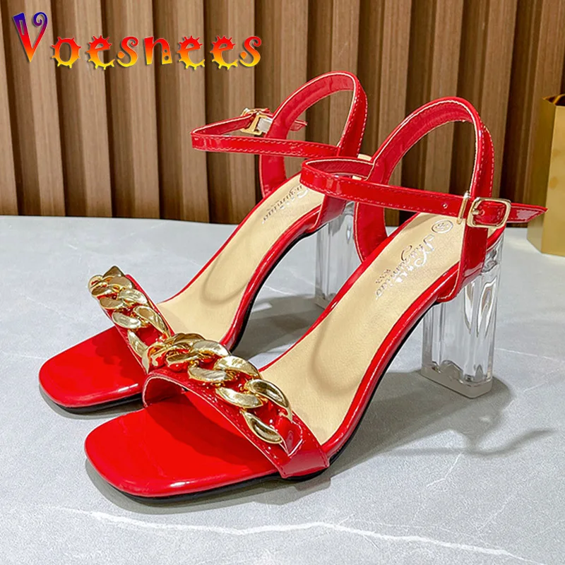 Red High Heels 2022 New Square Toe Gold-Tone Chain Fashion Women Shoes Summer One Word Band Transparent Heeled Sandals Size 43