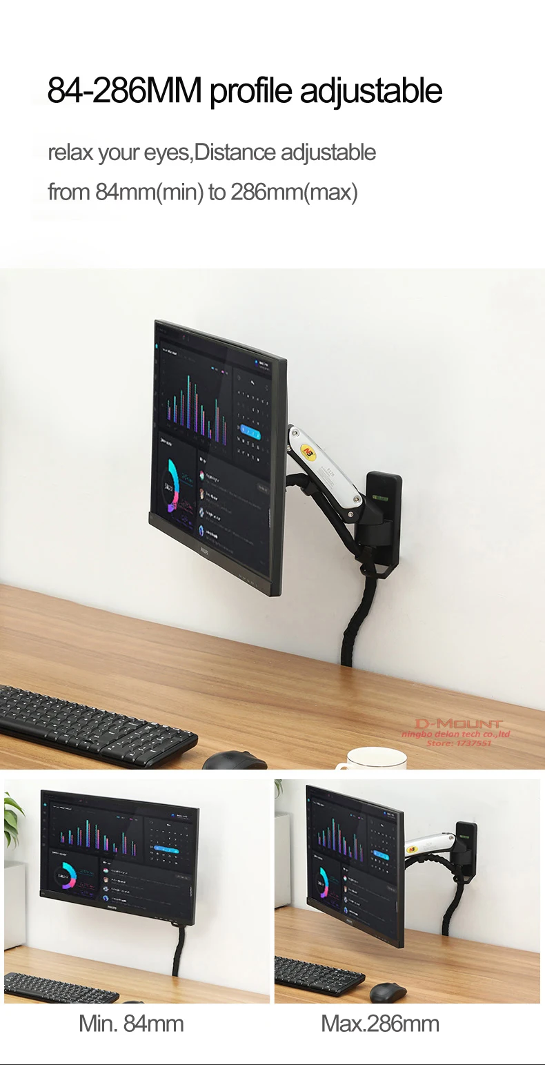 NB F120 17-27' Gas Spring Full Motion TV Wall Mount Bracket LCD Monitor Stand Aluminum Arm Bracket Silver 360 Rotate