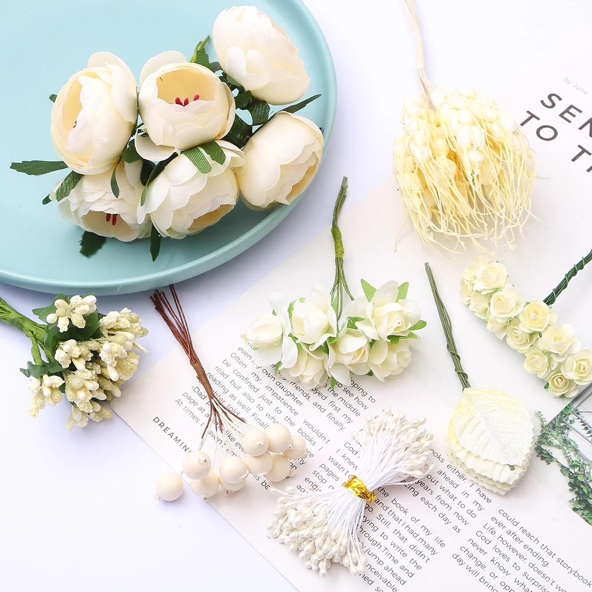 6/10/12/50/70/90/144pcs Mixed Ivory Flower Cherry Stamen Berries Bundle DIY Christmas Wedding Cake Gift Box Wreaths Decor