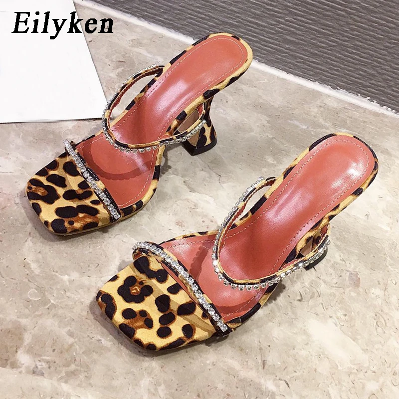 Eilyken New Fashion Rhinestone Chain Women Slippers Sandals Strange Cup Heels Sexy Leopard Print Square Toe Ladies Dress Shoes