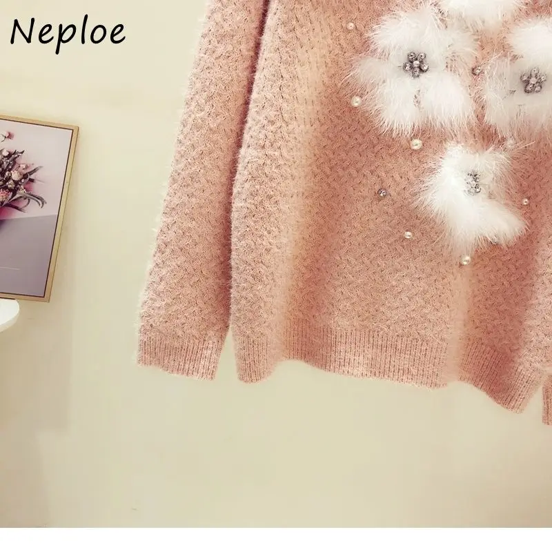 Neploe Autumn 2024 New Rhinestone Furry Decorative Knitted Pullovers Women Crewneck Sweater Woman Outer Wear Loose Tops Mujer