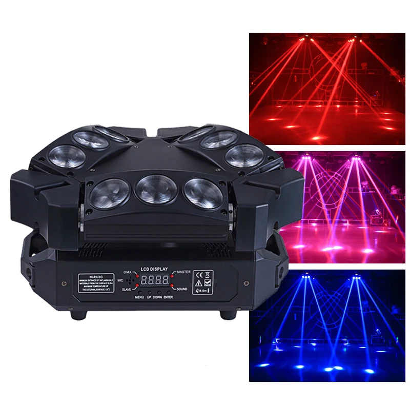 

Disco Lights 9x12w RGBW 4in1 3-Heads LED Spider Moving Head Light Great Effects Stage Lighting DMX DJ Beam Projector