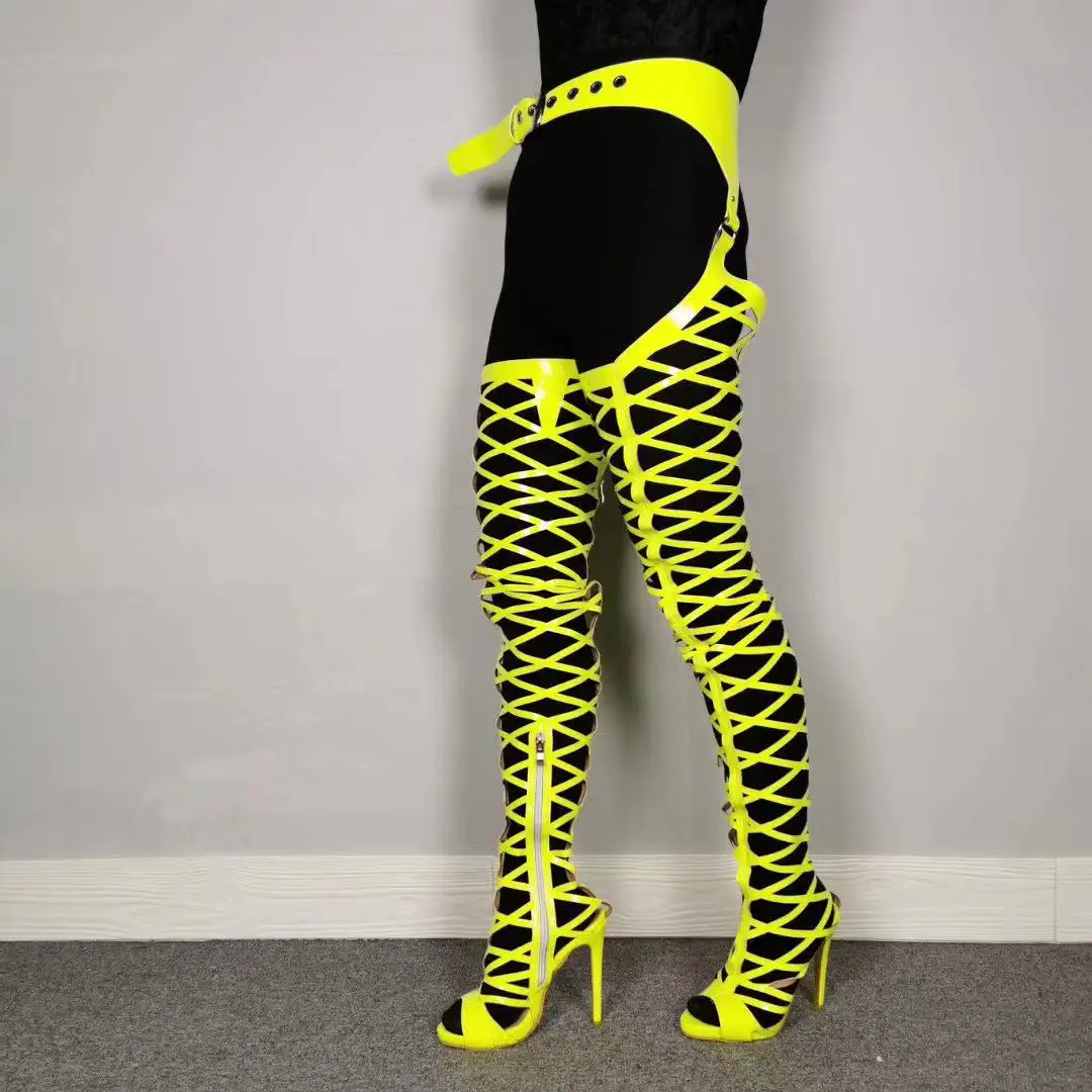 

Hollow Out Over The Knee Waist Pants Sandals Boots Neon Yellow Fashion Peep Toe Long Sandal Boots Sexy Women Summer Party Shoes