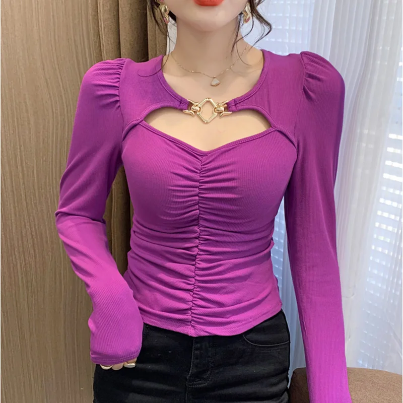 Women's Hollow Out Knitted Tops, Long Sleeved T-Shirt, Metal Chain, Monochromatic Blouses, Casual Fashion, New, Spring, 2024