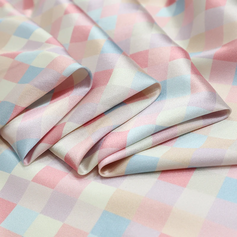 120*50cm ice cream plaid silk stretch satin fabric natural silkworm silk brand fashion cloth dress shirt home textile materials