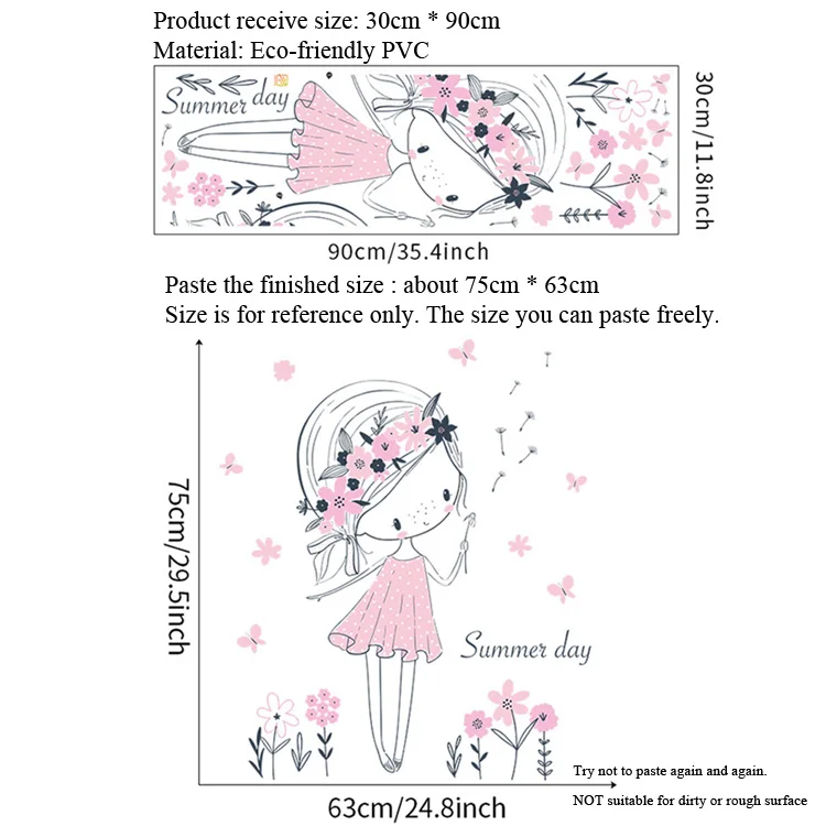 Schöner Sommer-Mädchen-Wandaufkleber für Mädchenzimmer-Dekoration, Tapete, Niedliche Rosa Serie, Kinderzimmer-Deko, Selbstklebende Aufkleber – Detail 1