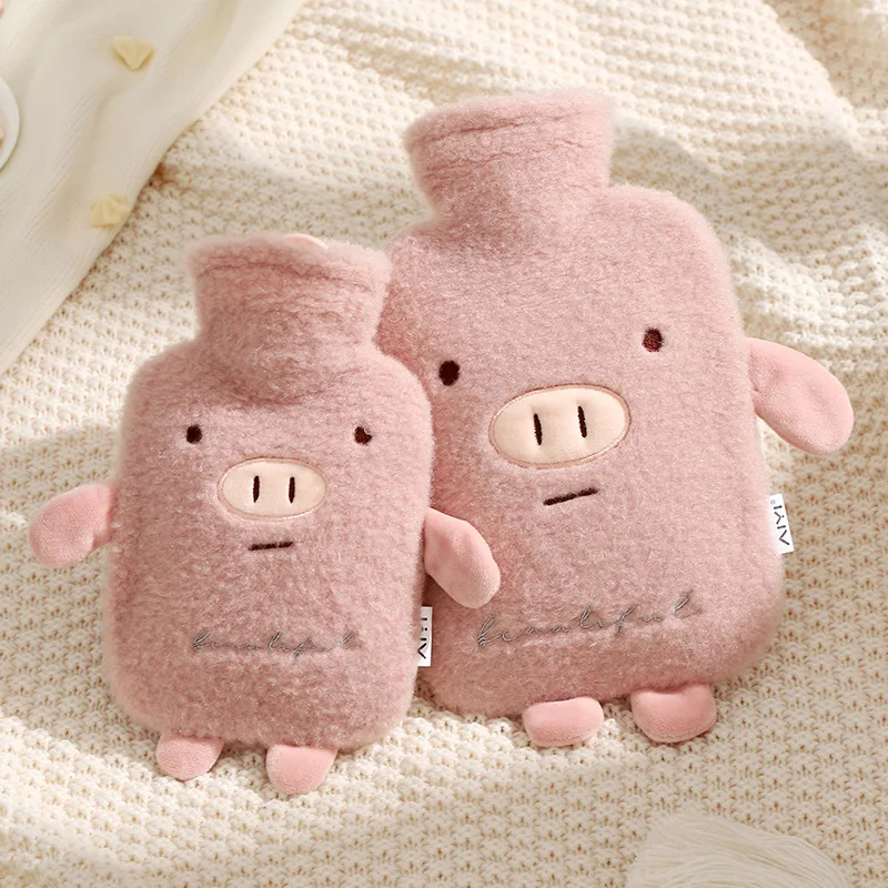 2000ml Cute Pig Hot Water Bag with Washable Plush Cover Female Kids Adults Keep on Feet Hand Warmer PVC Water Bottle Winter Warm