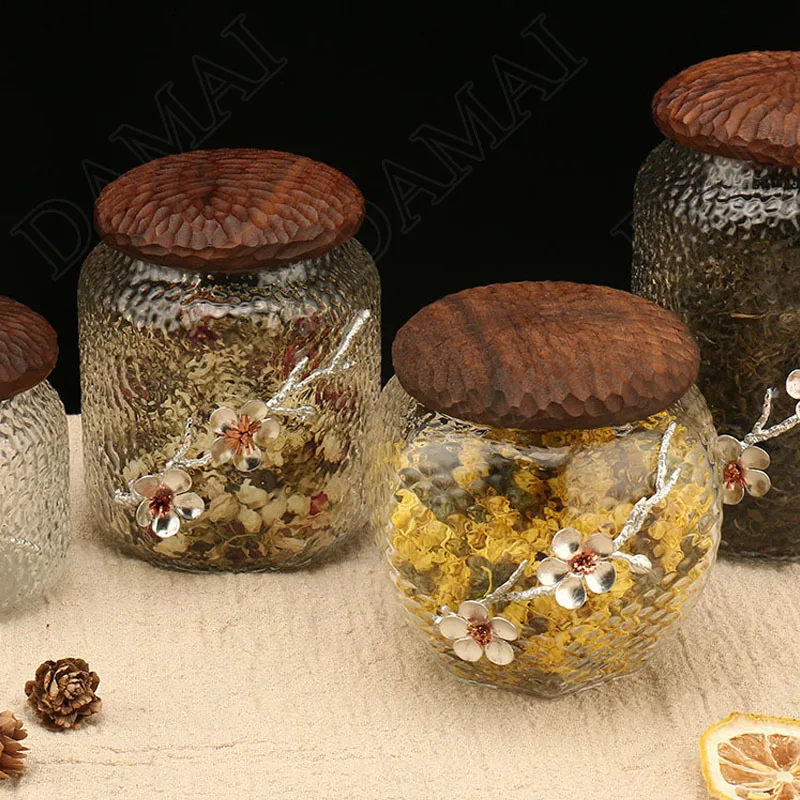 Creative Glass Storage Jars with Lid Relief Decor Coffee Table Tea Caddy Seal Living Room Desktop Candy Jar Carry Tea Organizer