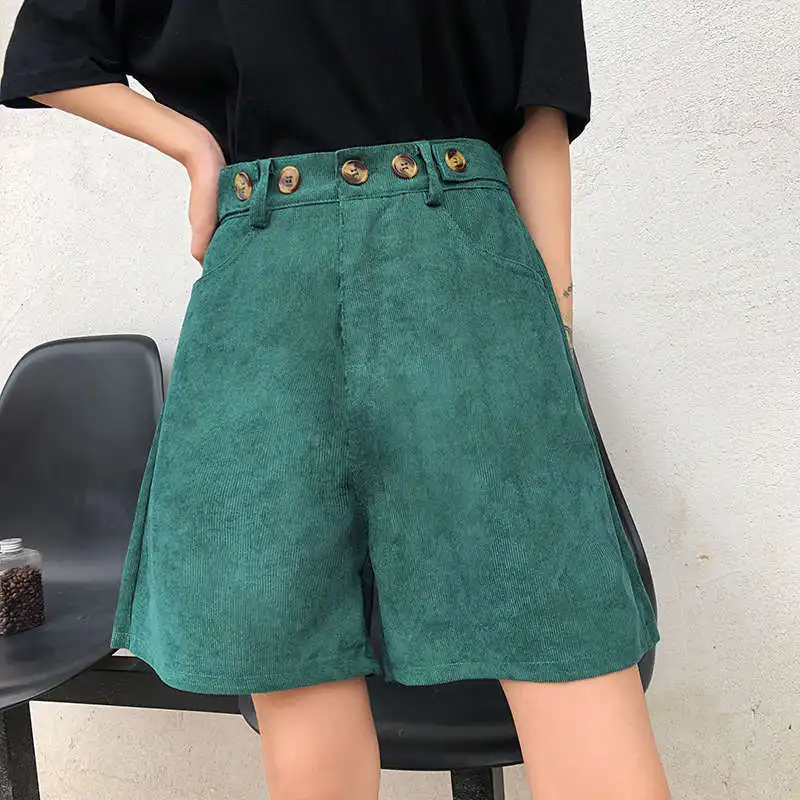

Autumn Winter Corduroy Women's Shorts Straight Casual Shorts Pockets Loose Streetwear Short Feminino Corduroy Trousers C7787