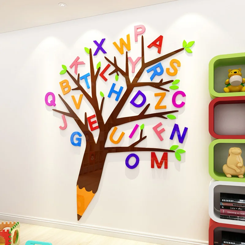 3D Letters Tree Wall Sticker Decorative Children Room Kindergarten DIY Cartoon Wall Stickers Decals Wallpaper S/M/L Kids Gift