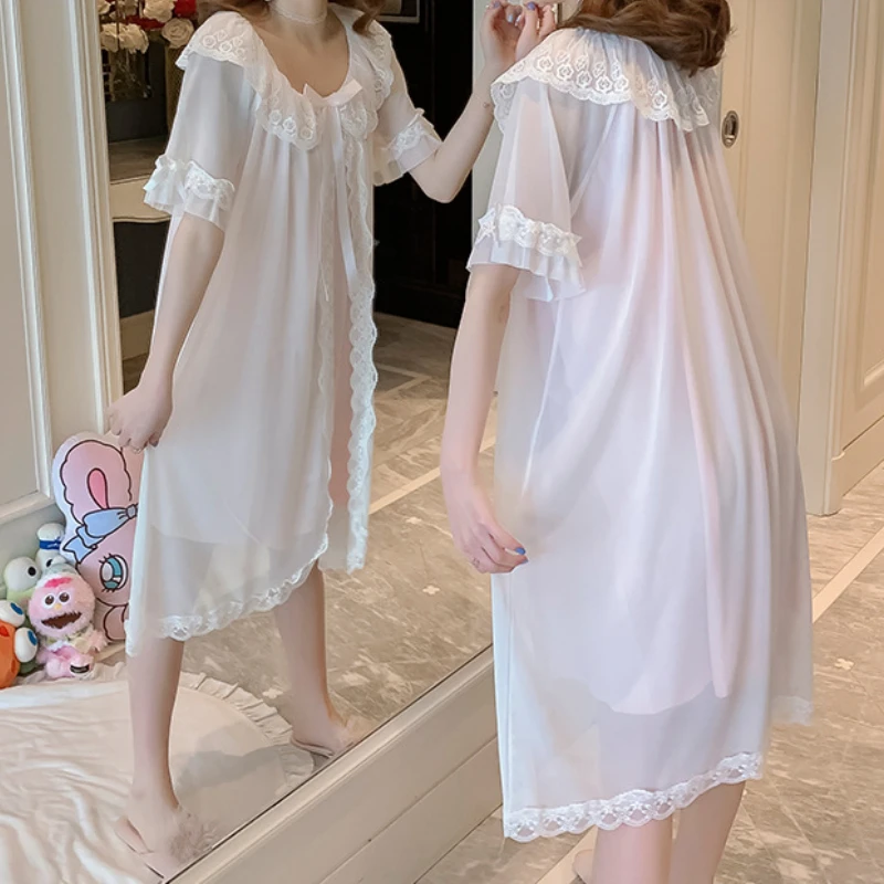 Women Romantic Nightgowns Victorian Vintage White Pink Lace Tulle Modal Night Dress Robe Retro Royal Princess Lounge Sleep Wear