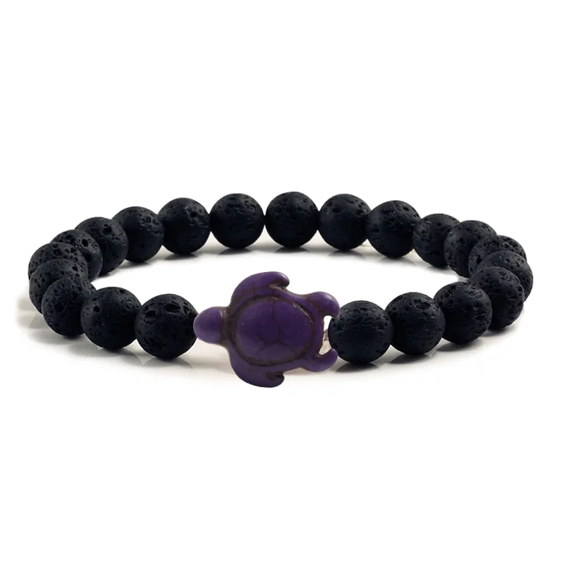 Summer Beach Sea Turtle Beads Bracelet for Men Charm Black Lava Natural Stone Bracelet Hamdmade Strand Elastic Bangles Jewelry