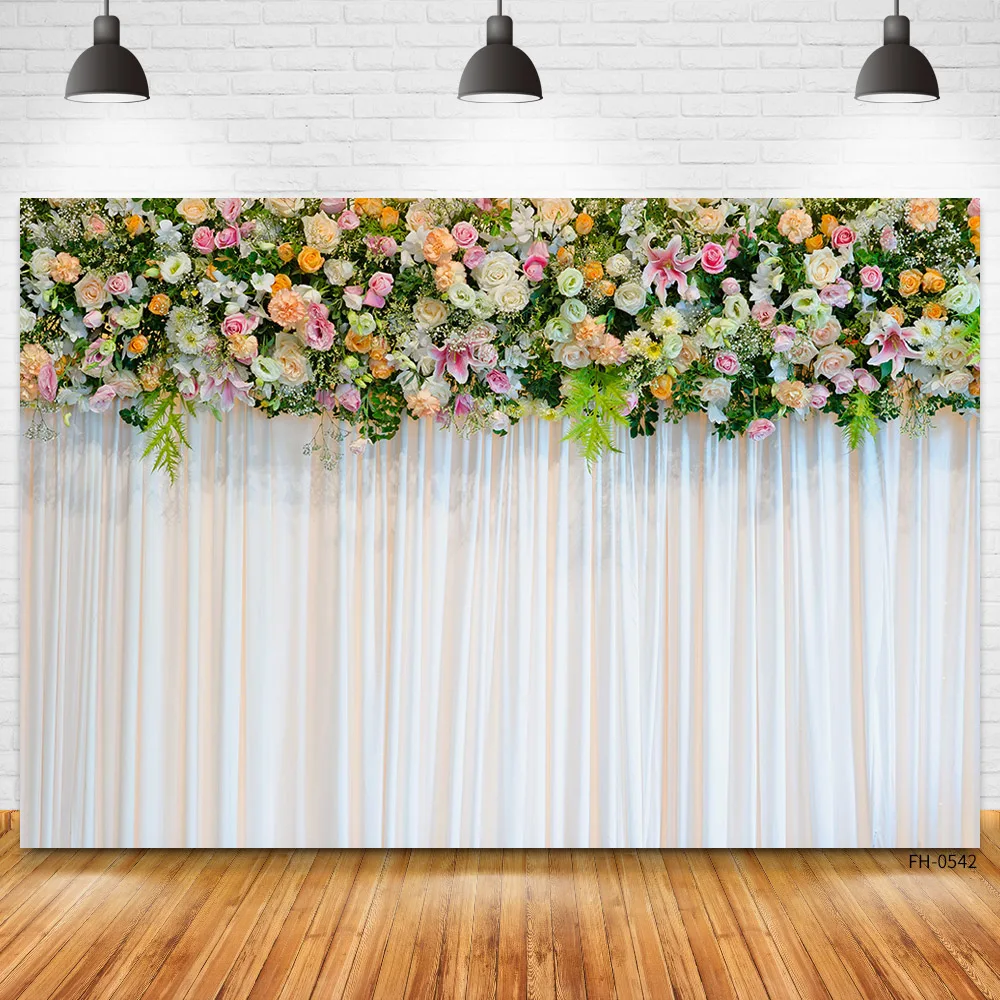 White Curtain Flowers Floral Wedding Get Married Photography Background Photographic Backdrops For Photo Studio Valentine's Day