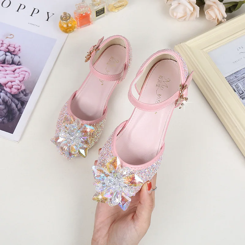 New Princess Kids Leather Shoes Crystal Flower Casual Glitter Children High Heel Girls Banquet Party Shoe Student Buckle Sandals