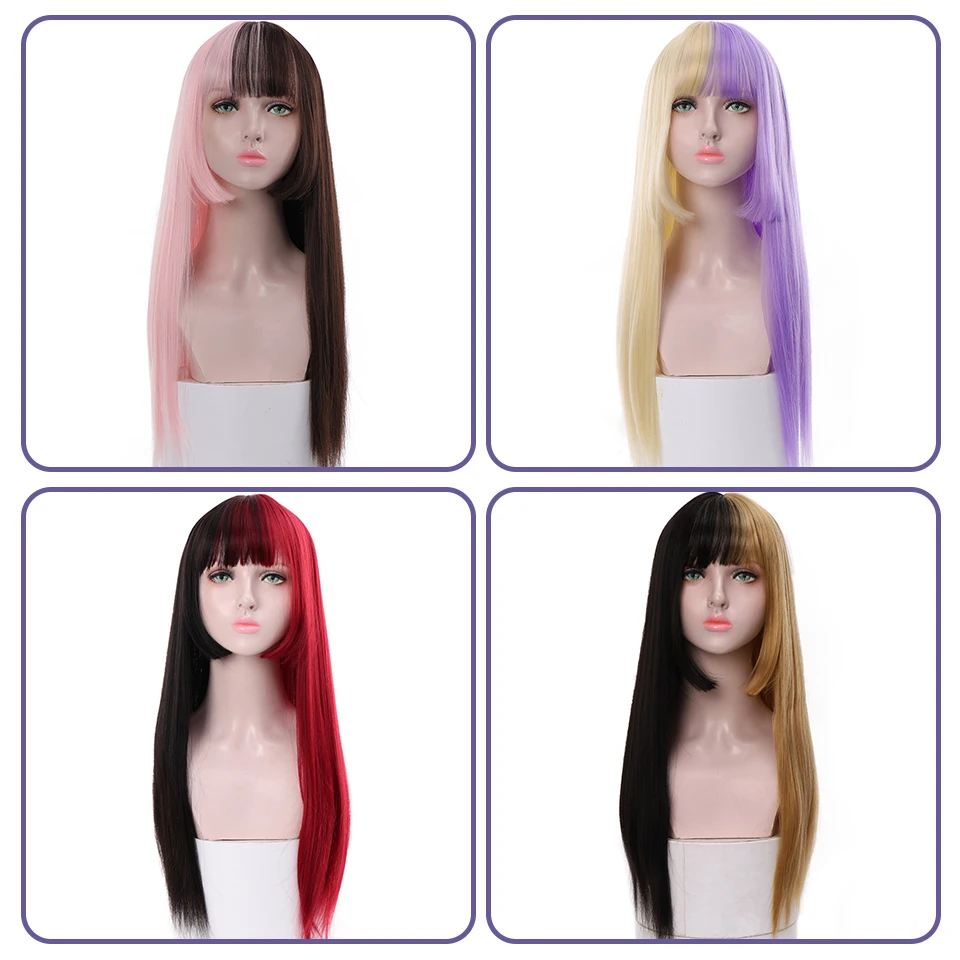 AILIADE Long Straight Synthetic Wigs for Women Black Pink Heat-Resistant Daily Anime Lolita Cosplay Party Wigs