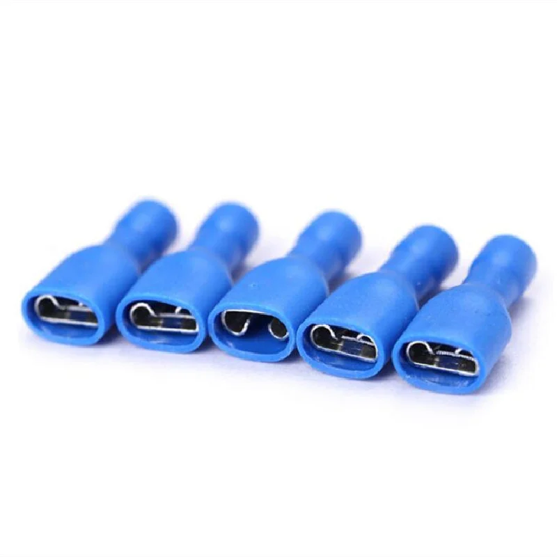 Nuevo 6,3mm 16-14AWG mujer hombre Conector de cableado eléctrico azul aislado crimpado pala Terminal azul FDFD2-250 MDD2-250