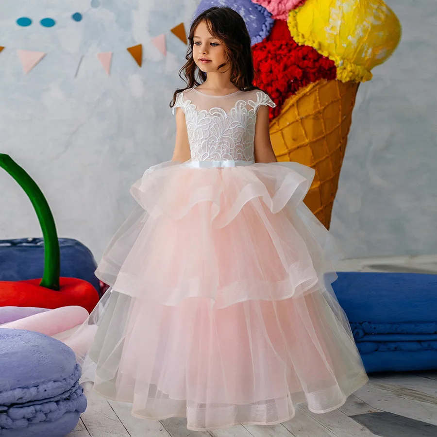 Rendas plissado pageant crianças lolita manga curta vestidos da menina flor para casamentos festa de aniversário baile de formatura beading primeiro comunhão vestidos