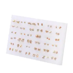 36 Pairs Randomly Mixed Style Women Anti Allergic Star Bow Love Heart Stud Earrings Set Gold Color Flower Plastic Small Earring