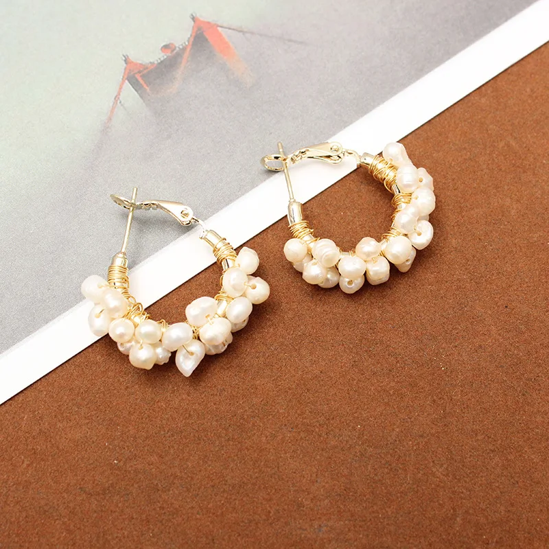 

WT-MPE007 Bohe style natural freshwater pearl earring irregular pearl beads earring with brass wire wrapped fashion jewelry