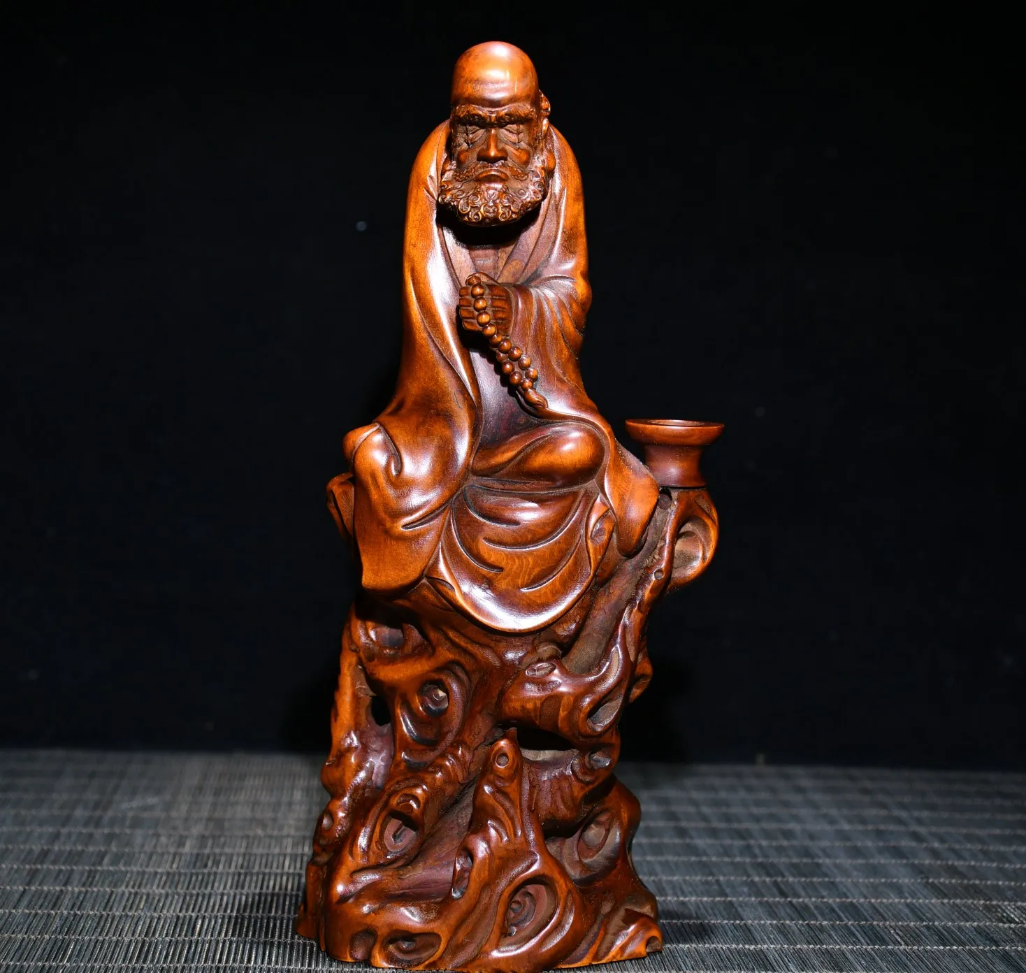 

8"Tibetan Temple Collection Old Boxwood Gilt Hand-carved Dharma Bodhidharma Backflow Incense sticks Worship Hall Town house