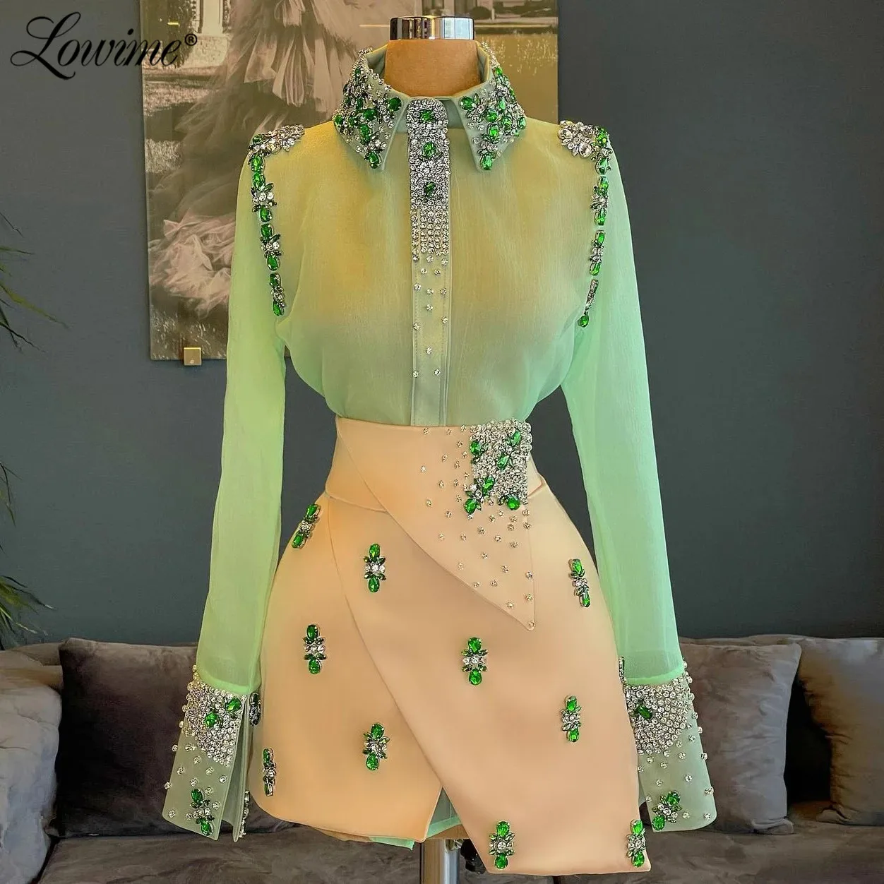 Lowime Custom Made Mint Green Long Sleeves Celebrity Dresses Beaded Crystals Runway Red Carpet Dress Short Cocktail Party Dress