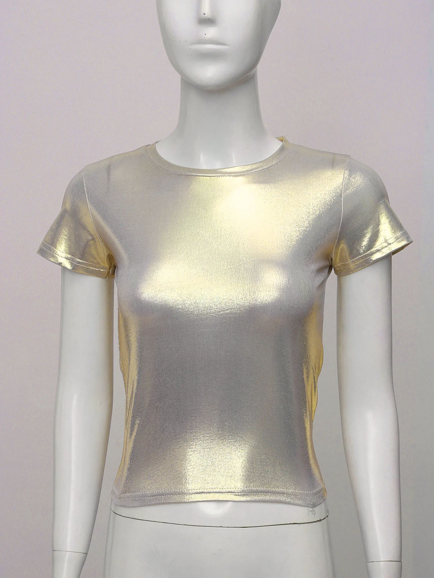 Metallic Shiny T-shirt Womens Sparkling Short Sleeve Tees Glossy O Neck Harajuku Top Tee Stylish Aesthetic Rave Party Clubwear