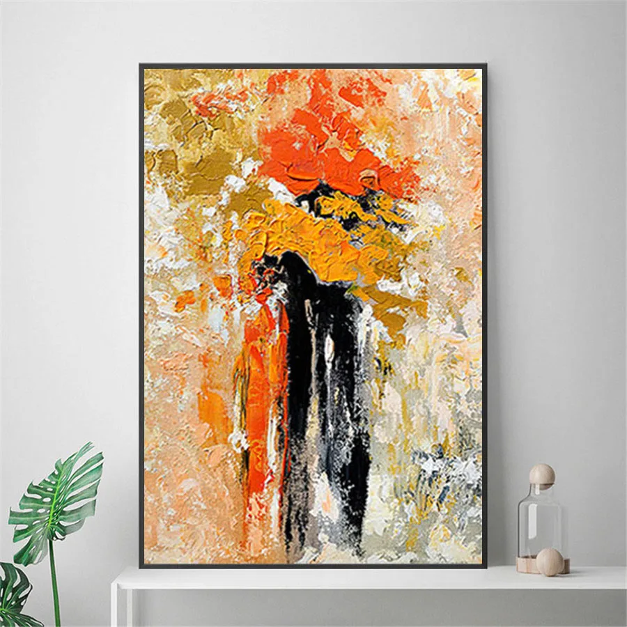 Hand Painted Black Orange Abstract Oil Paintings on Canvas Hug Lover Hot Coulple Pictures Art For Living Room Bedroom Wall Decor
