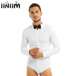 Mens Adult Modern Latin Dancewear Slim Fit Bodysuit Shirt with Bowtie Turn-down Collar Front Zipper Gymnastics Dance Costumes