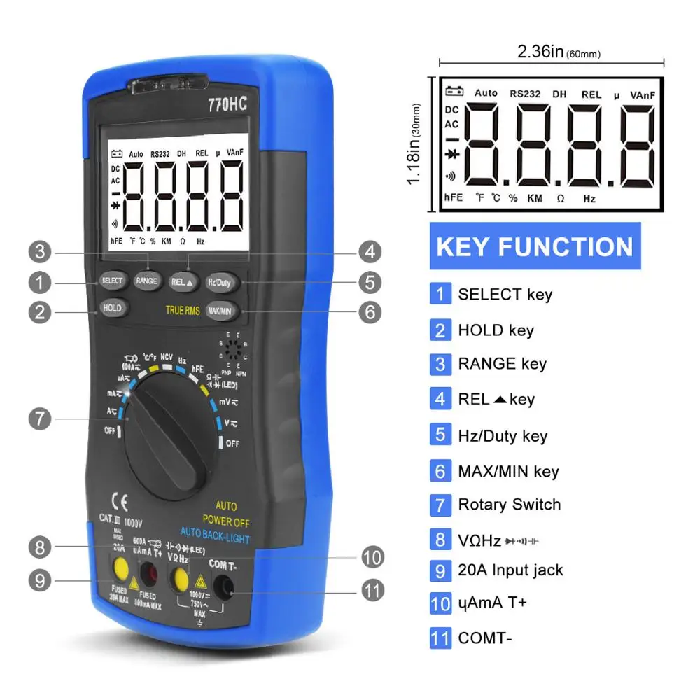 BTMETER Multimetro BT-770HC True RMS Auto Ranging Digital Multimeter with NCV Feature and Temperature/Frequency/Duty Cycle Test