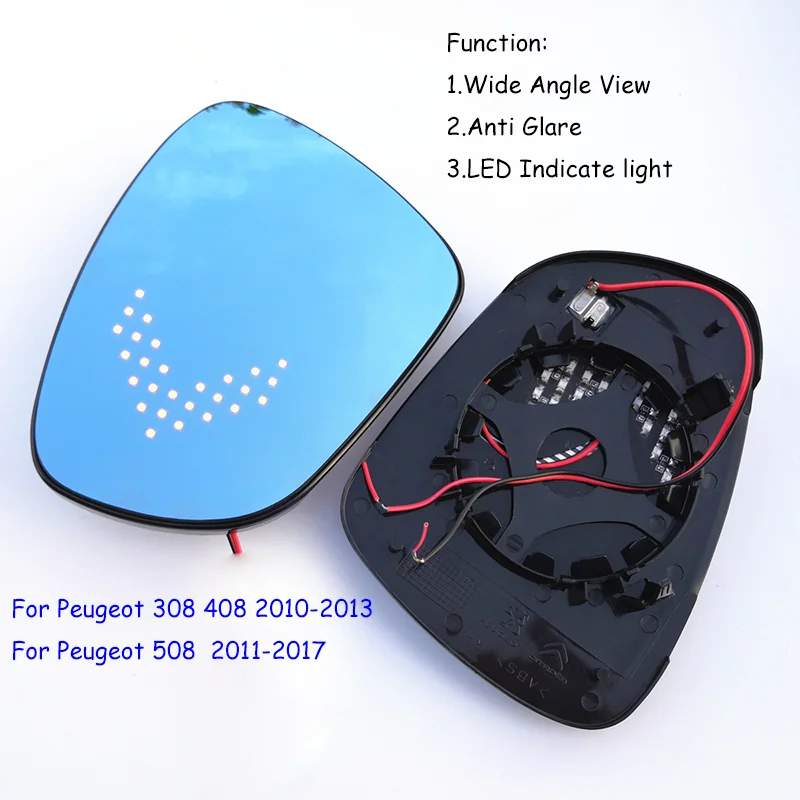 TVYVIKJ Side Rearview Mirror Blue Glass Lens with LED Indicate ligh For Peugeot 301 308 408 508 2010-2019 Wide Angle View anti