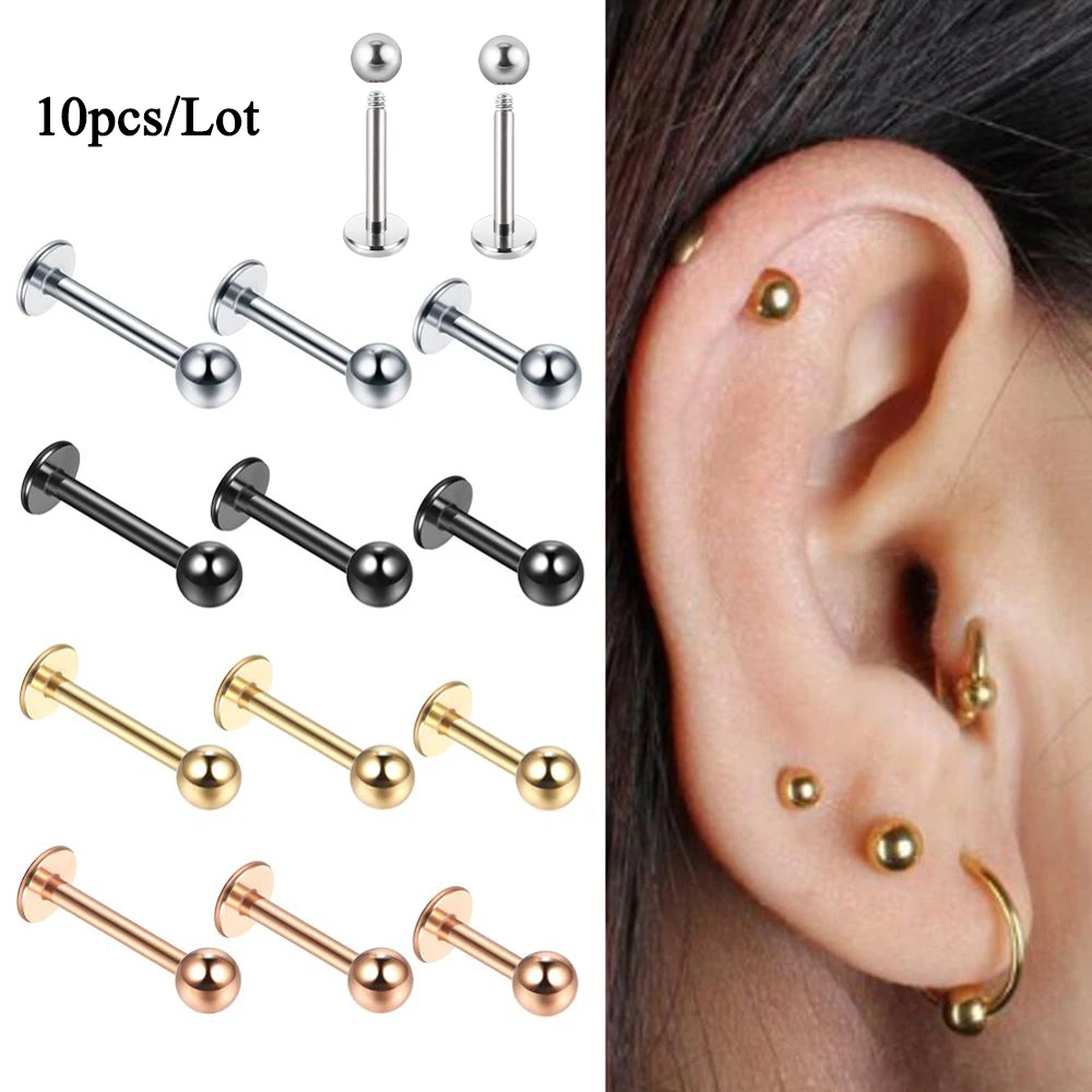 10pcs/Lot Steel 16G Tragus Helix Bar 3mm Ball Labret Lip Bar Rings Stud Cartilage Ear Piercings Body Jewelry For Women Men