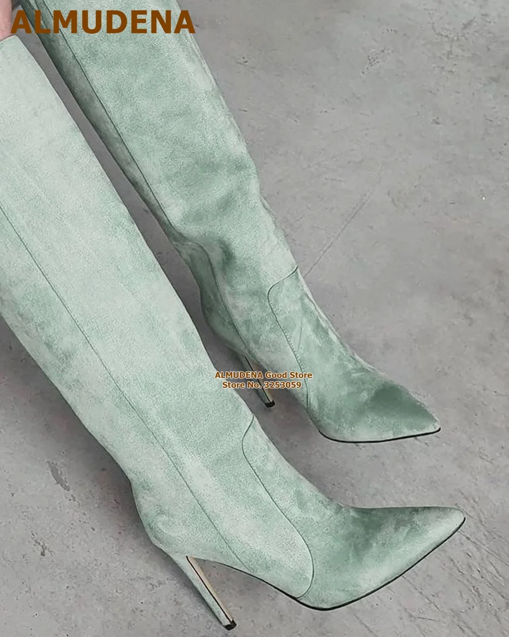 ALMUDENA Mint Green Suede Over The Knee Boots Stiletto Heels Pointed Toe Thigh High Boots Women Fall Winter Gorgeous Dress Shoes