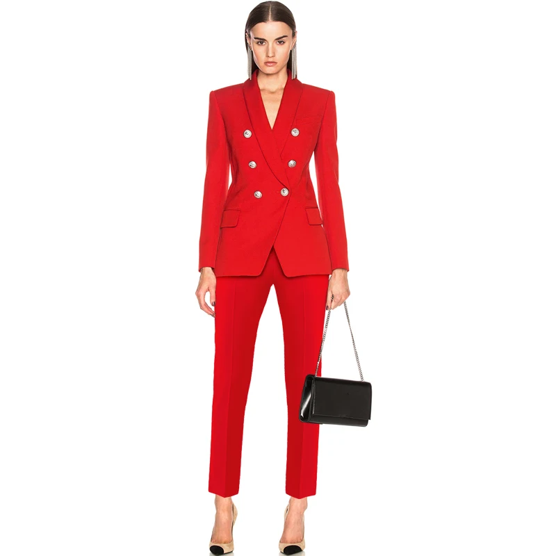 HIGH STREET Newest 2024 Designer Blazer Suit Set Women\'s Classic Shawl Collar Lion Buttons Double Breasted Blazer Pants Suit