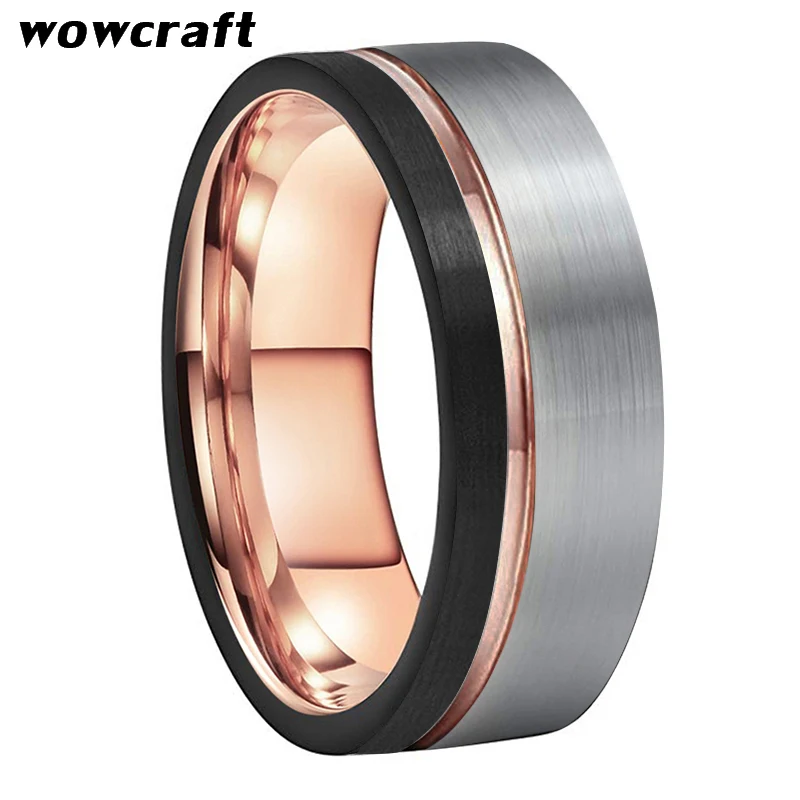 Tungsten Men\'s Rings Black and Rose Gold Wedding Engagement Band Brushed Finish Fashion Jewelry Grooved Ring Sizes 5 to 15