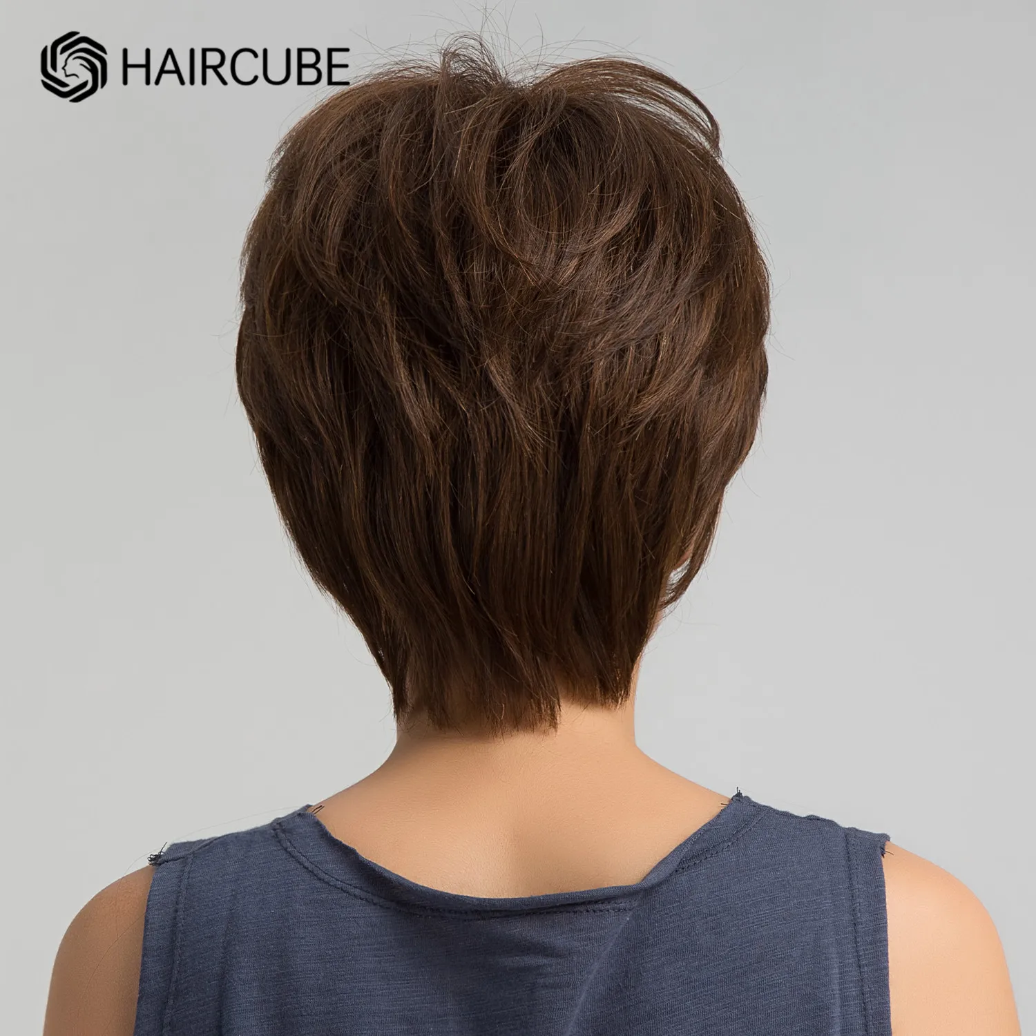 HAIRCUBE Kurz Schokolade Braun Menschenhaar Mischung Perücken für Frauen Geschichteten Pixie Cut Perücke mit Bang Natürliche Weich Wärme Beständig haar