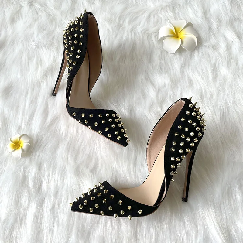 TOMONYE  black suede gold rivets stud open in the middle plus big size46  extra small size33 women lady 120mm high heel shoes