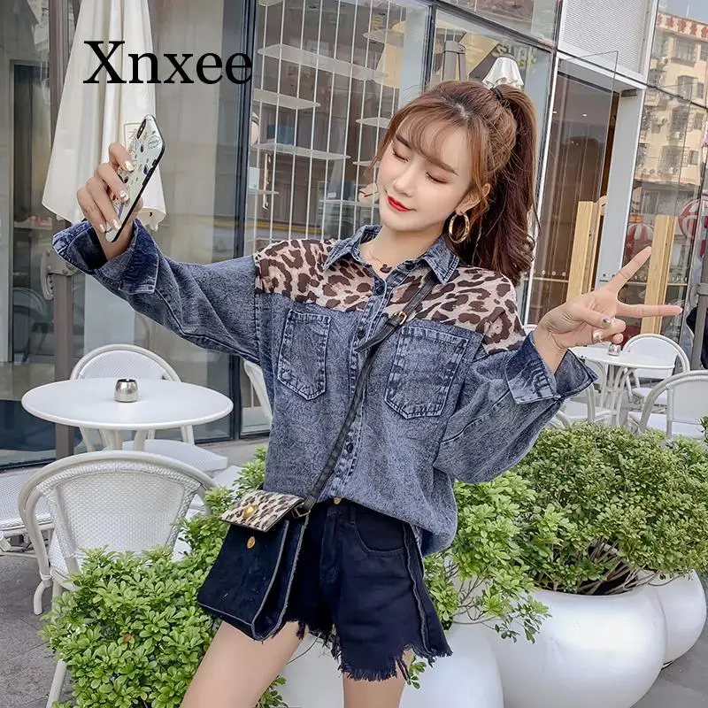 Màu Xanh Dương Phối Áo Sơ Mi Denim Nữ Mùa Xuân Thu Đông Hàn Quốc Khâu Da Báo Voan Rời Khoác Áo Khoác Tay Dài