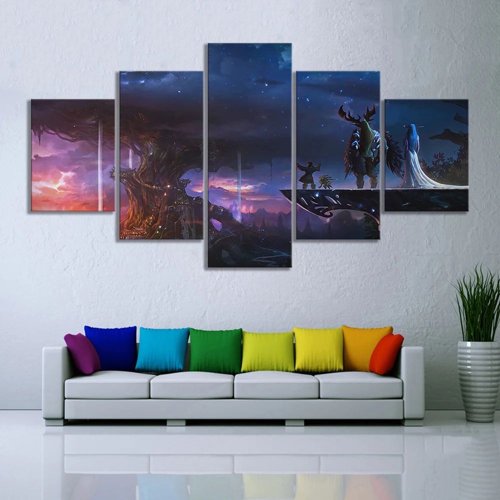 No Framed Canvas 5 Panel World of Warcraft Game Scene Wall Art Posters Pictures HD Paintings Home Decor Living Room Decoration