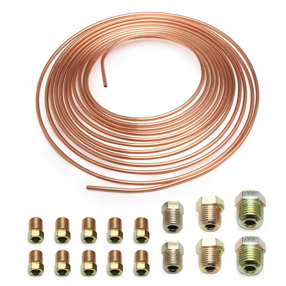 Areyourshop Copper Brake Line Tubing Kit 3/16 OD 25 Foot Coil Roll All Size Fittings