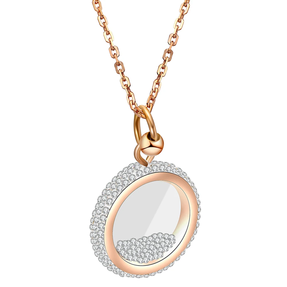 Rose Gold Color 316L Stainless Steel Glass Round Pendant Necklace with CZ crystal for women