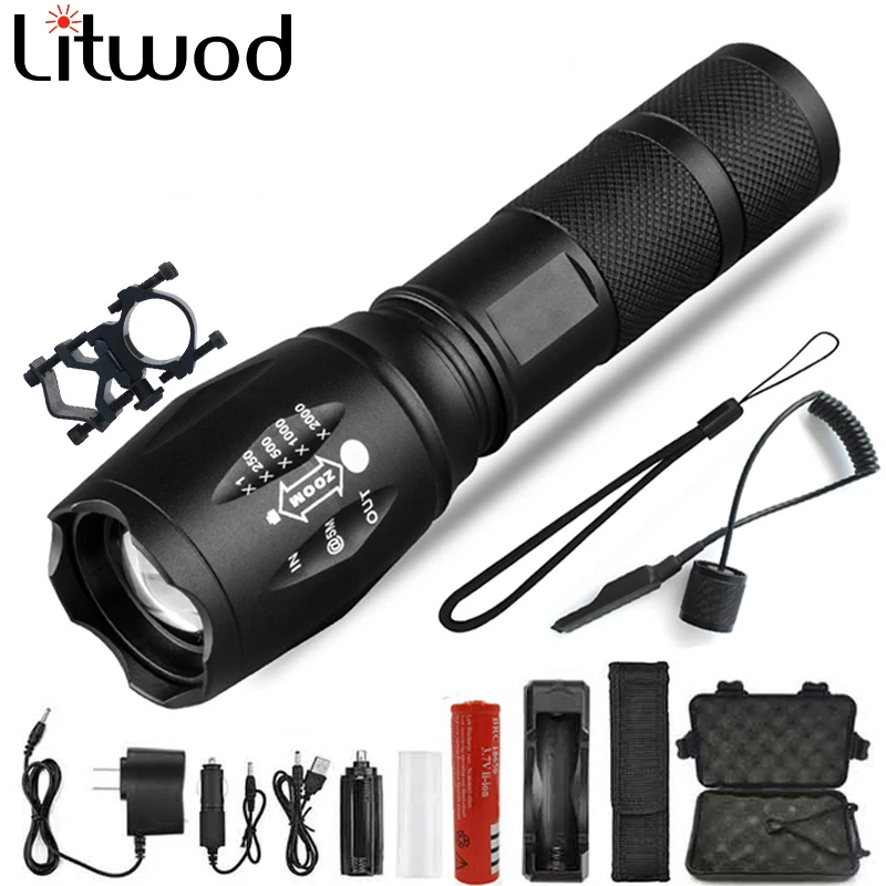 Z45 Senter LED Flashlight Tahan Air Torch T6/L2/V6 Zoomable 5 Mode Tactiacl Senter untuk Berburu Menggunakan 18650 Baterai