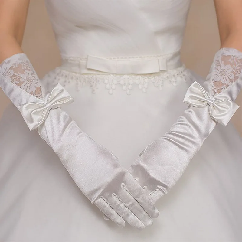 Guantes de boda con lazo, manoplas largas de color blanco, longitud hasta el codo