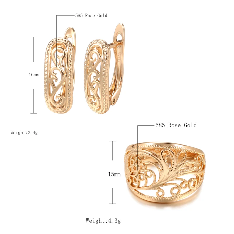 Kinel Hot Trendy Ethnic Bride Earrings Ring Sets for Women 585 Rose Gold Hollow Pattern Vintage Wedding Jewelry Sets Luxury Gift